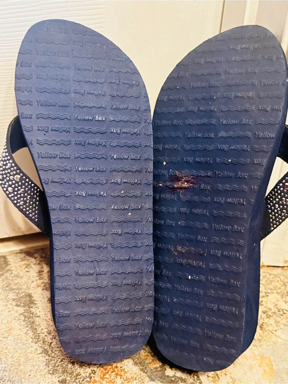 Like New Yellow Box Navy Blue Wedge Rhinestone Sandals! - Picture 13 of 15